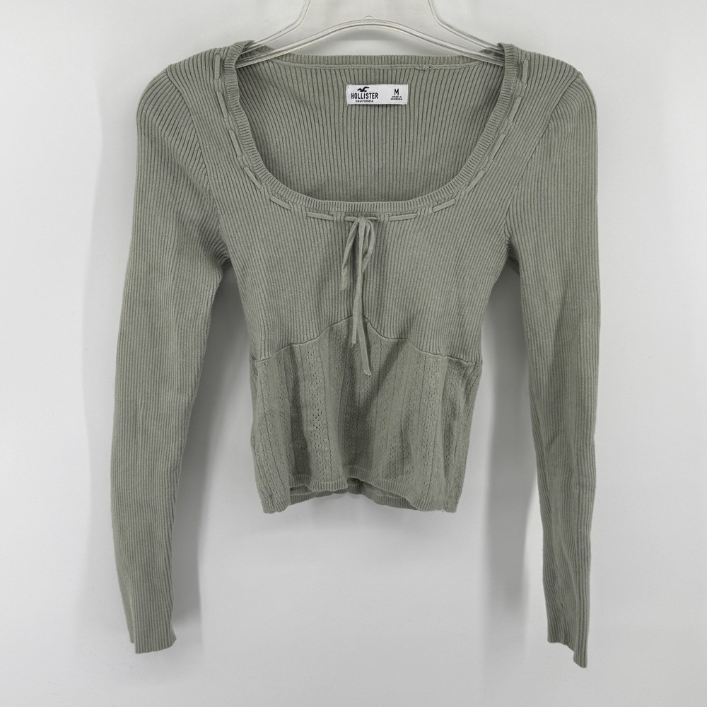 Y2K Hollister Ribbed Knit Tie Front Top Sage Green Long Sleeve Womens M